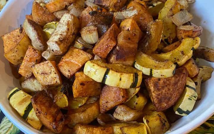 Roasted Sweet Potato, Delicata Squash, and Parsnip Recipe square image with title