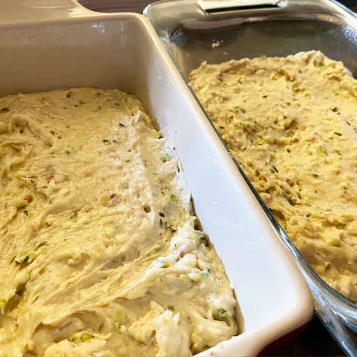 Raw batter Zucchini Bread in Loaf Pans square image
