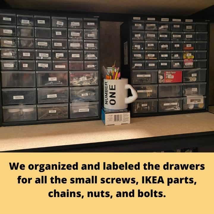 We organized in a drawer organizer all the ikea parts screws nuts and bolts