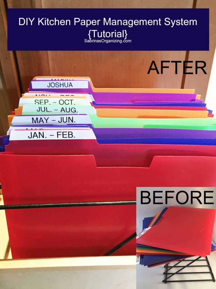 pinterest image - title at the top center in a rectangular box - folders in a z paper holder - buttom right is the before image with the word before on it.