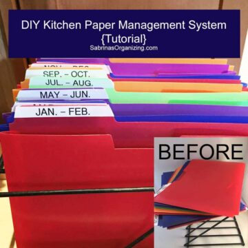 square image - title at the top center in a rectangular box - folders in a z paper holder - buttom right is the before image with the word before on it.