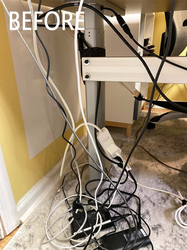Before standing desk cable organization