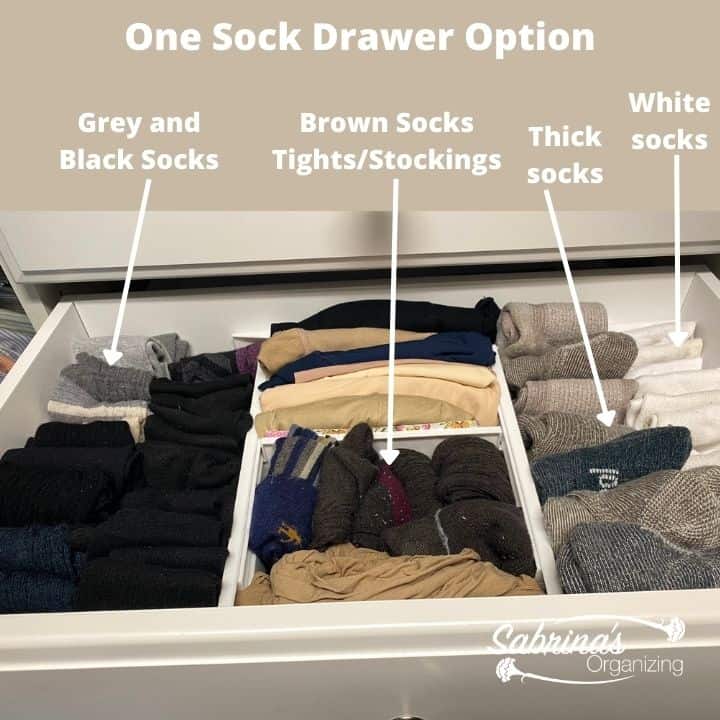 My may to organize my sock drawer, dark and gray socks are the left, brown and stockings, in the middle, and heavy socks, then white socks to the right with dividers