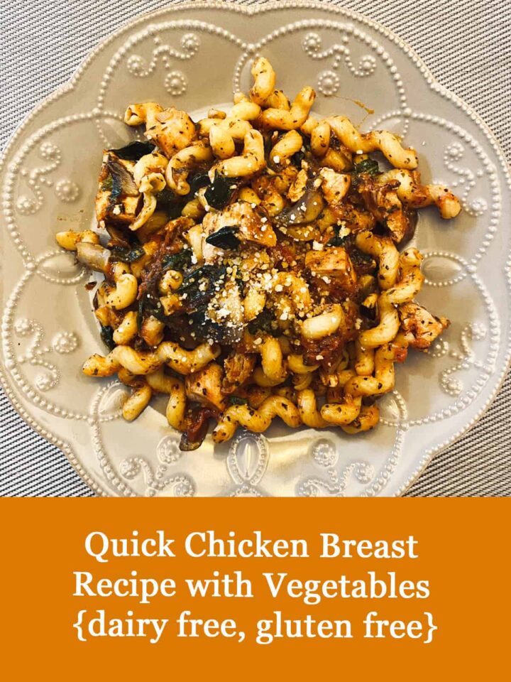 Quick Chicken Recipe with Vegetables on a plate with title vertical image with title