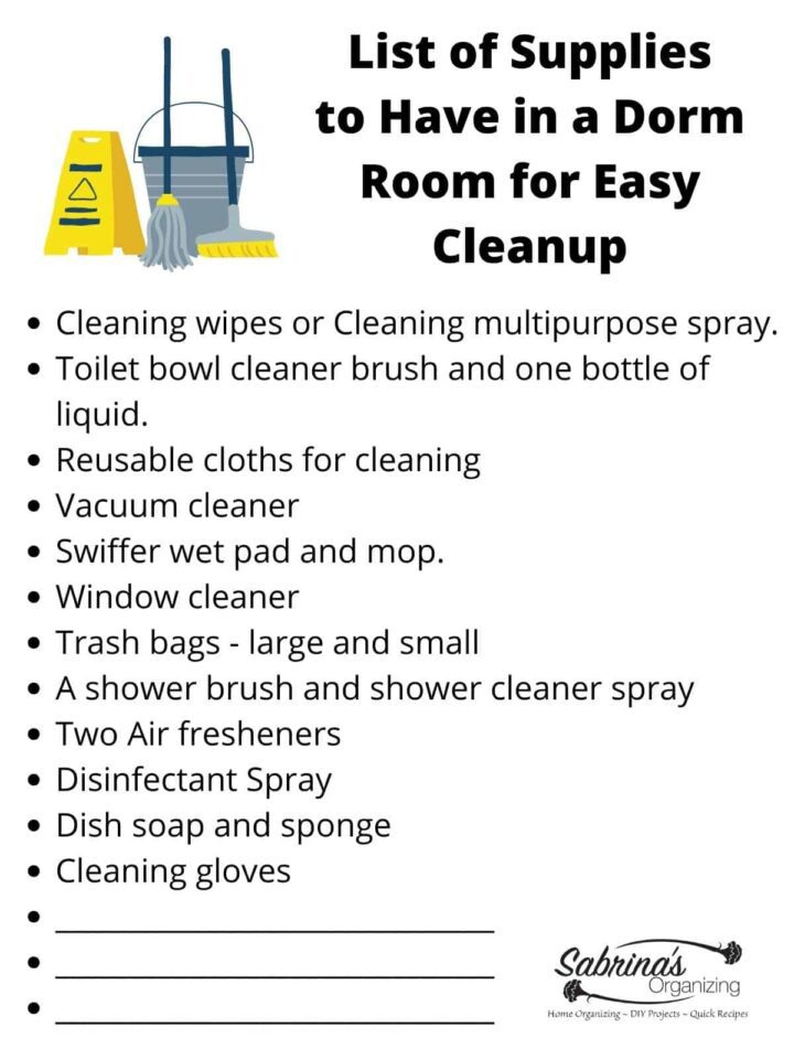 List of Supplies to have in a dorm room for easy cleanup - free printable