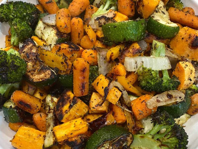 broccoli sweet potato carrot roasted vegetables recipe - square image