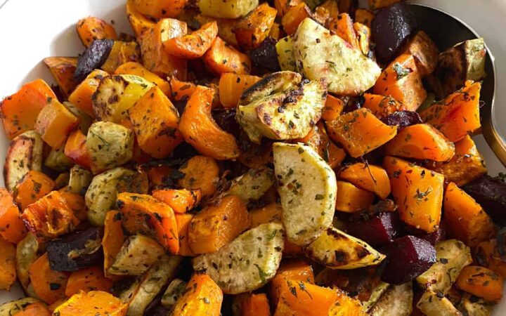 Roasted Carrots Recipe with Beets Butternut Squash ingredients square image without spoon