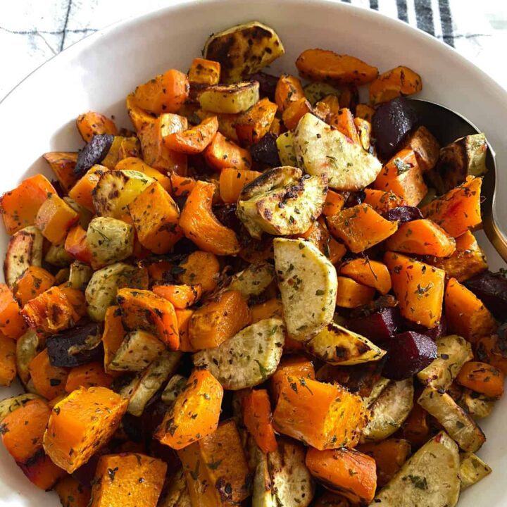 Roasted Carrots Recipe with Beets Butternut Squash ingredients square image without spoon