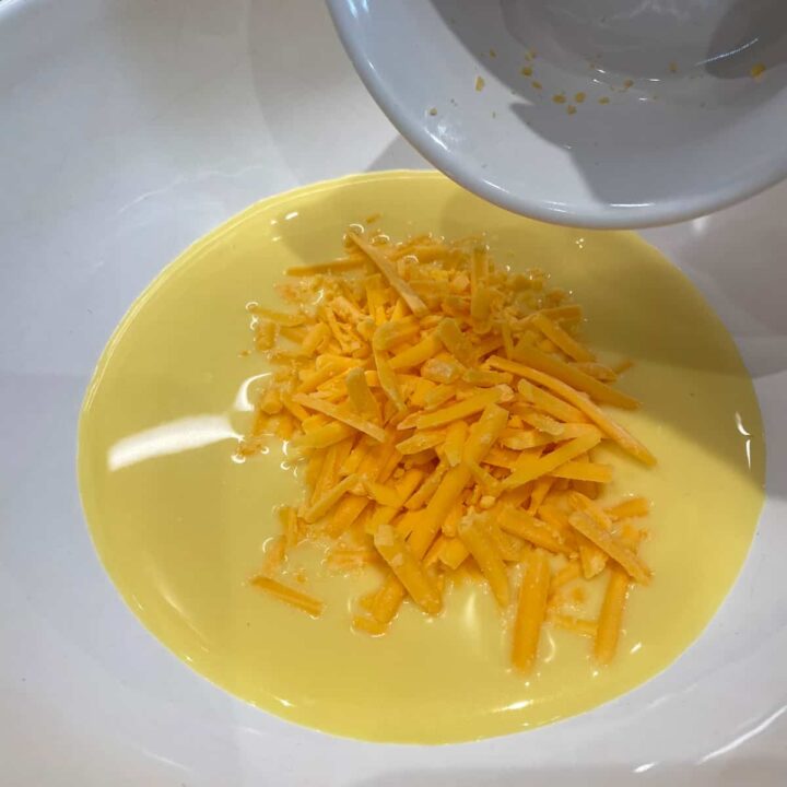 Add the Dairy Free Cheese and Pepper to the Eggless liquid in a bowl