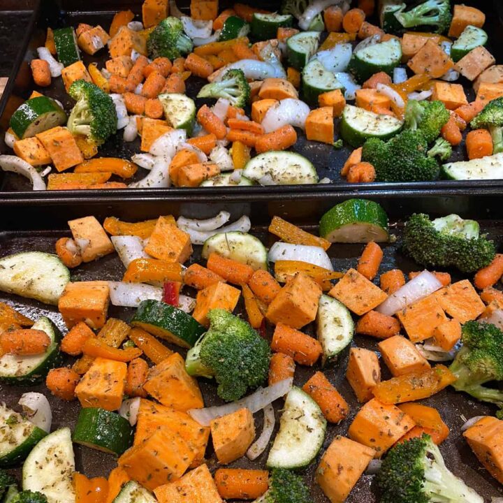 cooked vegetables in baking sheets