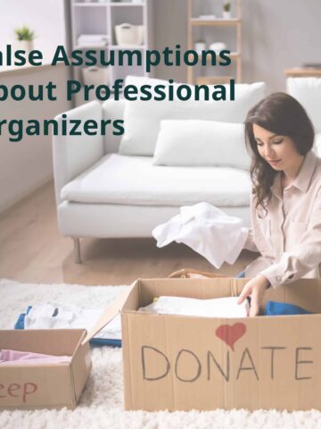 women decluttering her things with a donate and keep pile in front of her - title of post at the top left corner