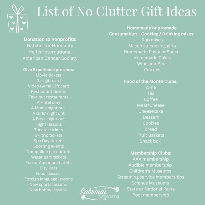 List of No Clutter Gift Ideas Square Image by Sabrina's Organizing