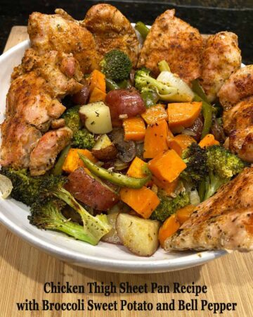 Chicken Thigh Sheet Pan Recipe with Broccoli Sweet Potato and Bell Pepper Featured image