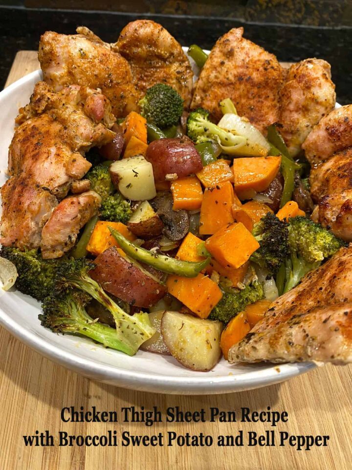 Chicken Thigh Sheet Pan Recipe with Broccoli Sweet Potato and Bell Pepper Featured image