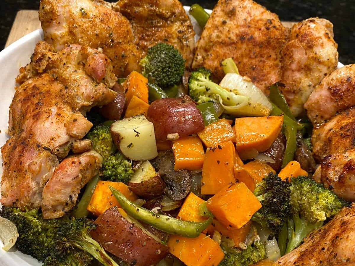 Chicken Thigh Sheet Pan Recipe With Broccoli Sweet Potato And Bell Pepper