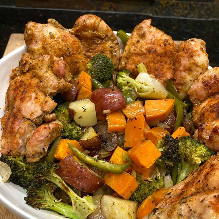 Chicken Thigh Sheet Pan Recipe with Broccoli Sweet Potato and Bell Pepper square image no title