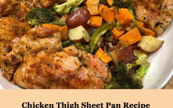 Chicken Thigh Sheet Pan Recipe with Broccoli Sweet Potato and Bell Pepper square image