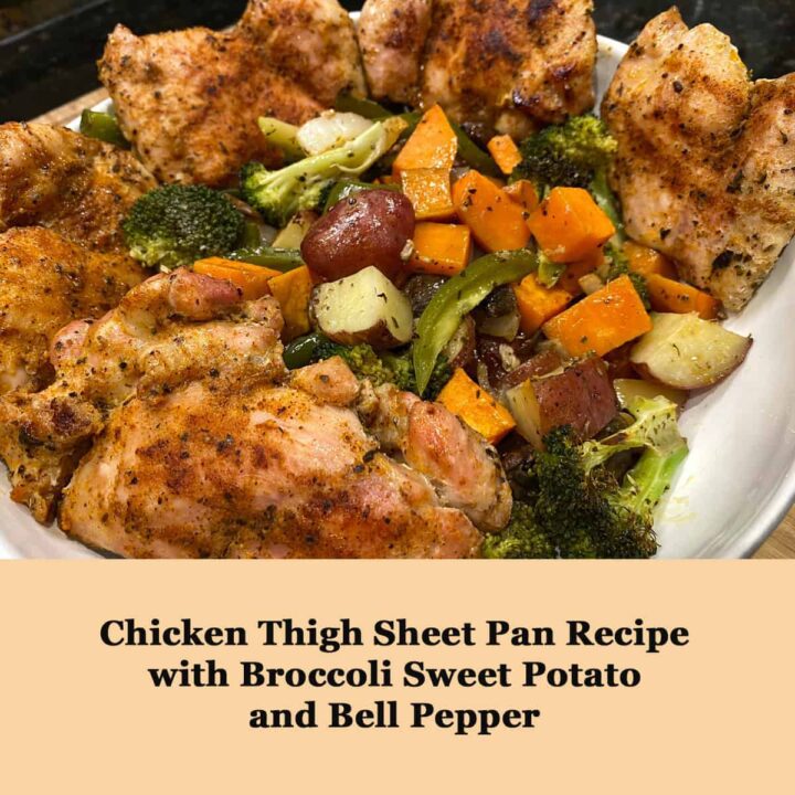 Chicken Thigh Sheet Pan Recipe with Broccoli Sweet Potato and Bell Pepper square image