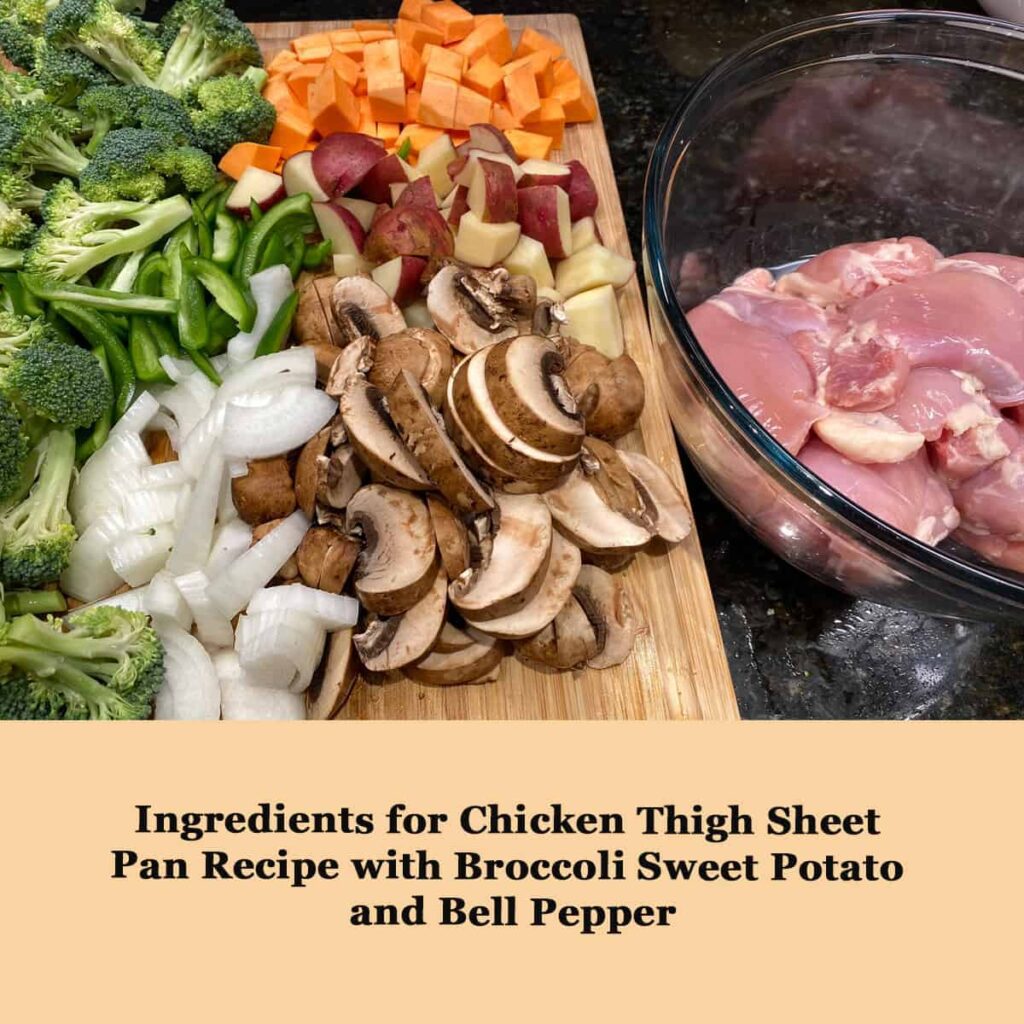 Chicken Thigh Sheet Pan Recipe with Broccoli Sweet Potato and Bell Pepper