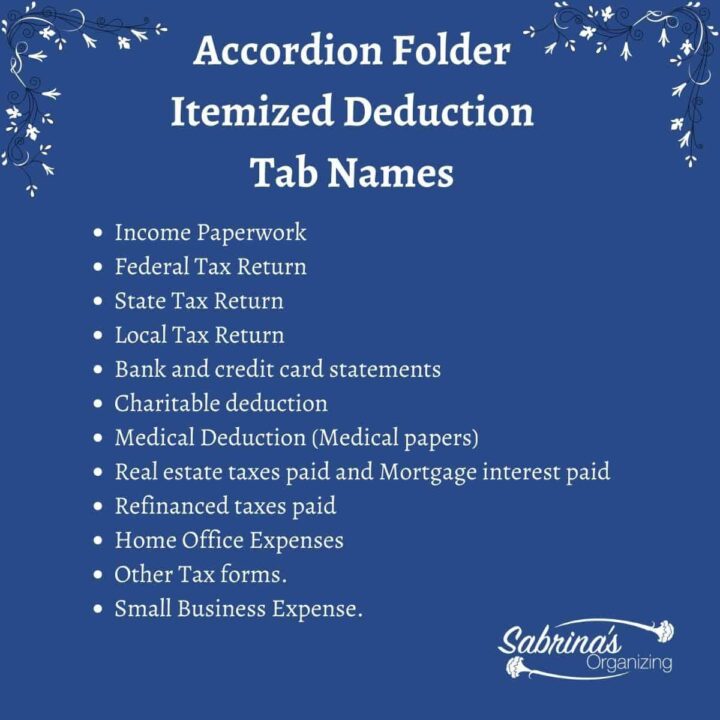 13 Tab Accordion Folder itemized tax deduction Names list