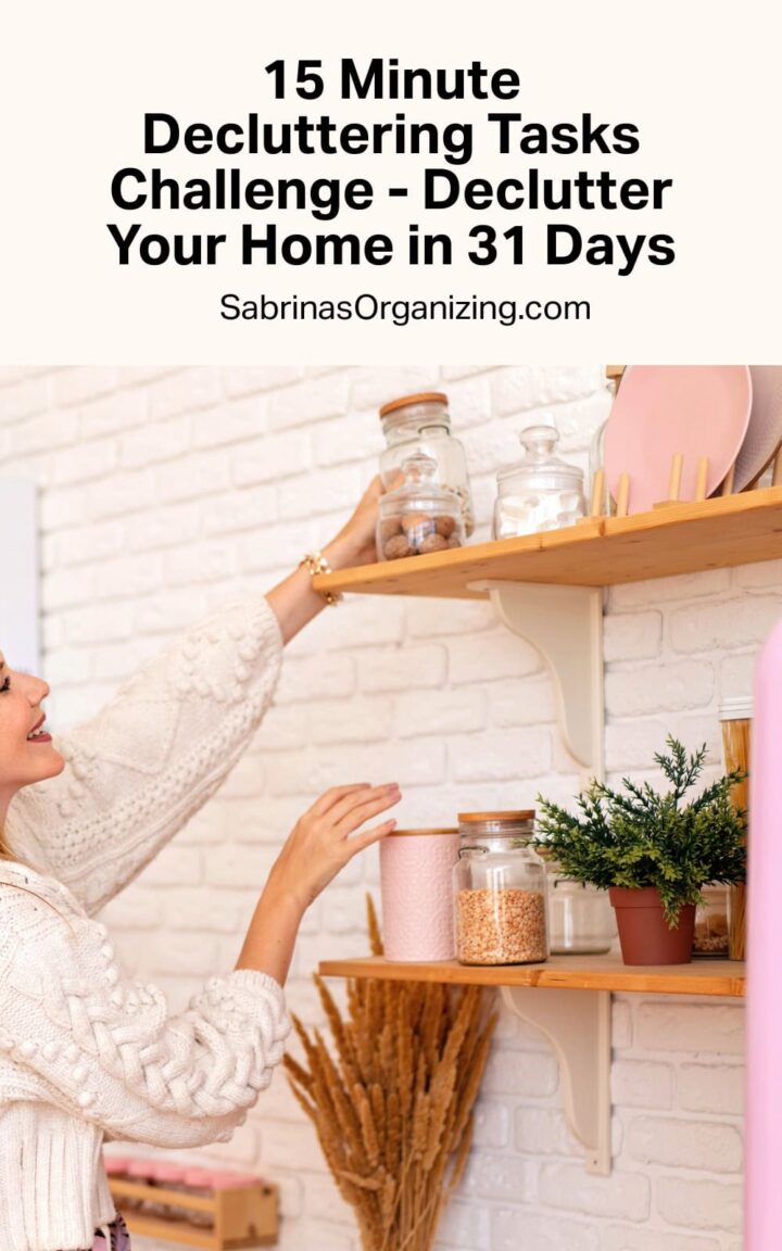 Pinterest image - title of post in the  top center - a person organizing a shelf in the background