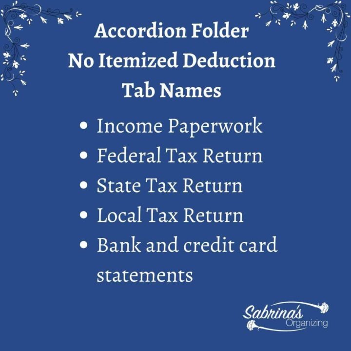 5 Tab Accordion Folder no itemized tax deduction Names list