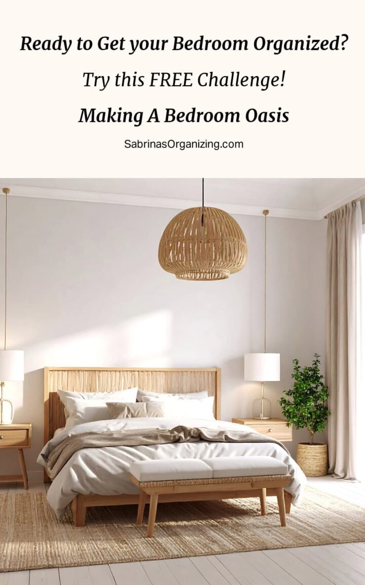 a bedroom image with a bed in the center and a wicker ceiling lap - title of post at the top center - pinterest image