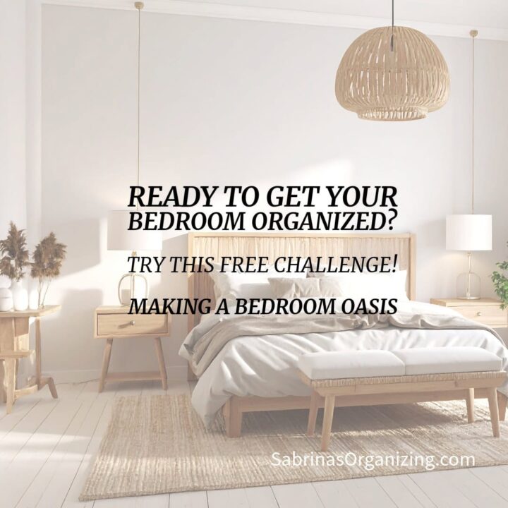 a bedroom image with a bed in the center and a wicker ceiling lap - title of post at the center - Square image