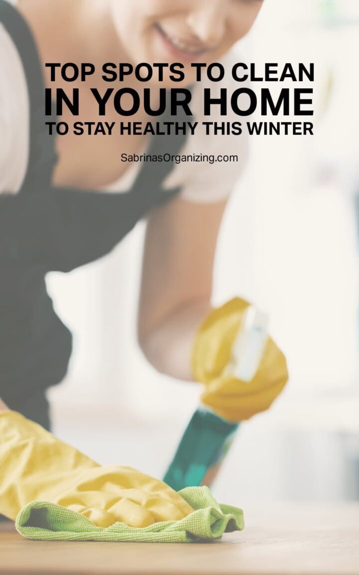 a person cleaning the counter with a spray and yellow gloves - title at the top center - pinterest image