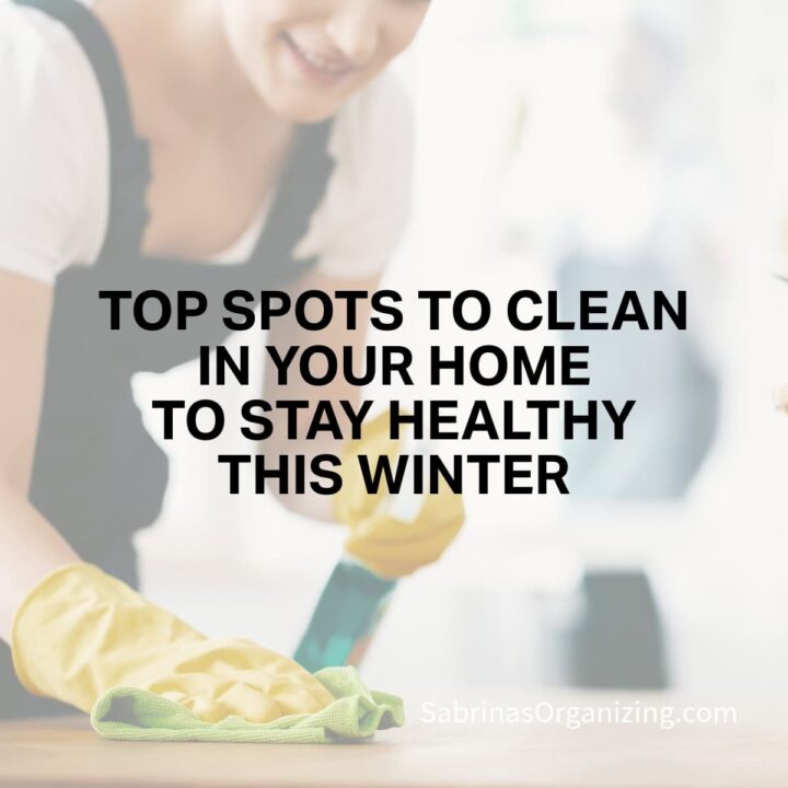 a person cleaning the counter with a spray and yellow gloves - title at the center - square image