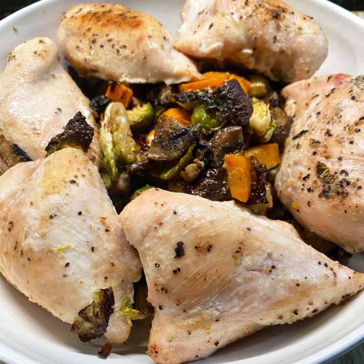 chicken breast with mushroom brussel sprouts recipe square image
