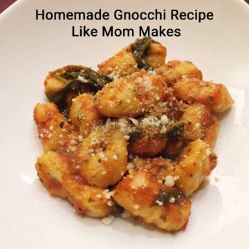 a bowl of homemade gnocchi ( potato dumplings) from scratch). square image with title at top center.