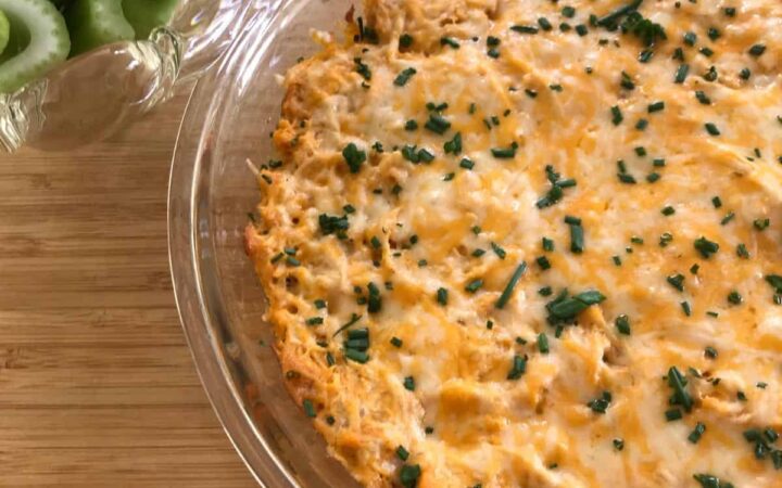 Buffalo Chicken Dip Recipe - keto friendly with celery - square image