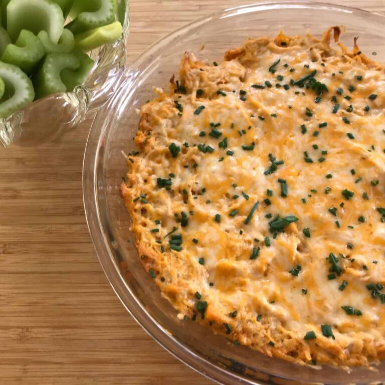 Buffalo Chicken Dip Recipe - keto friendly with celery - square image