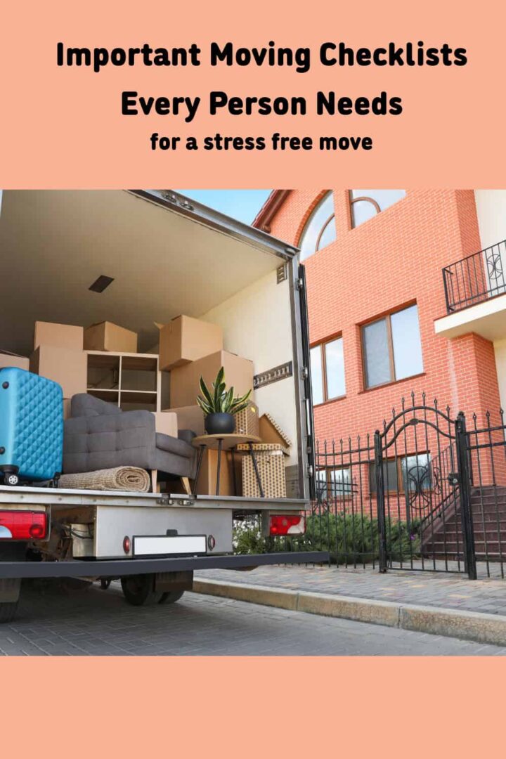 moving truck in front of a house - pinterest image - title at top center