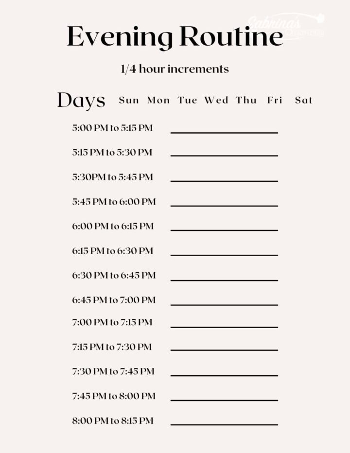 Evening Routine ½ hour increments worksheet