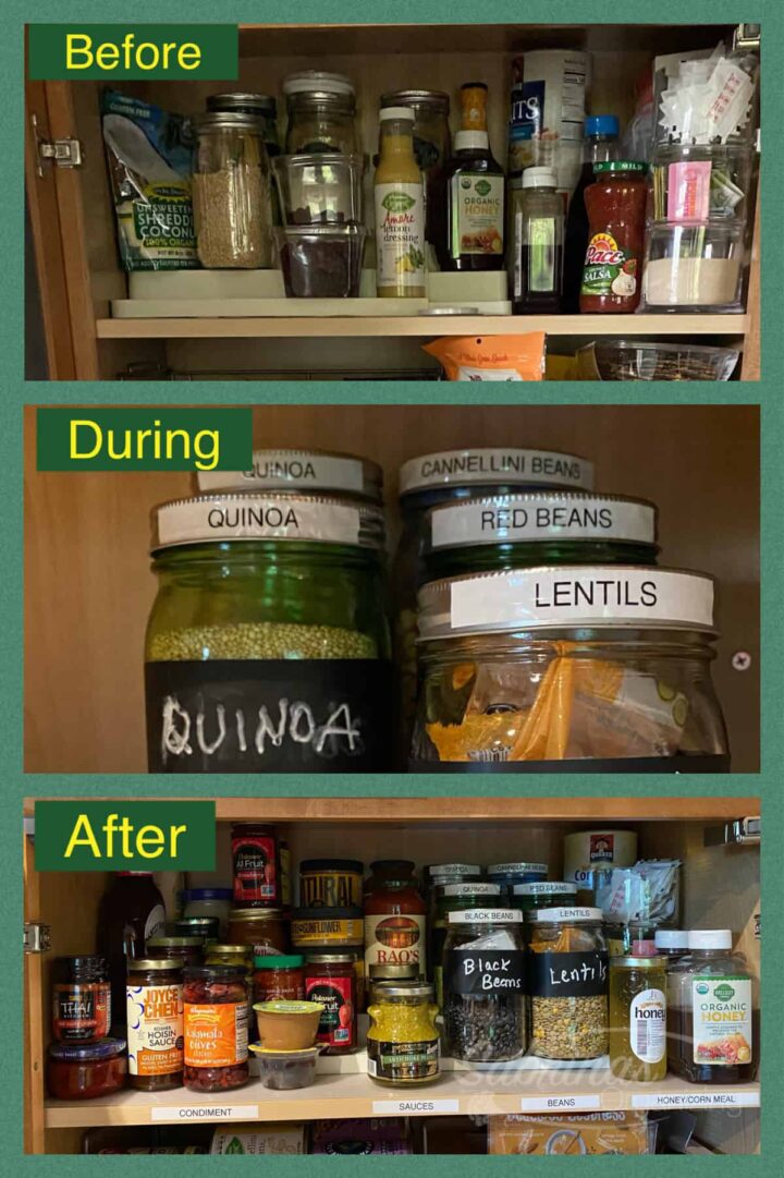 Check out the before during and after pantry top shelf