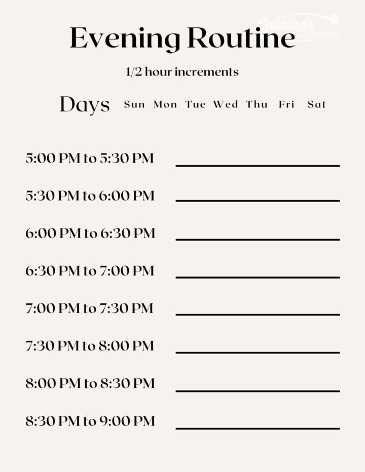 Evening Routine ½ hour increments worksheet