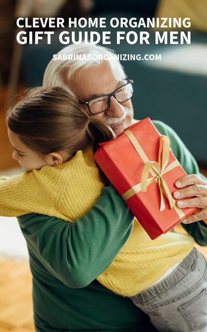 a white hair man with glasses hugging a girl who have him a gift. - title at the top center - pinterest image