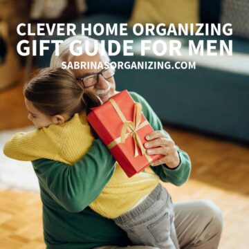 a white hair man with glasses hugging a girl who have him a gift. - title at the top center - square image