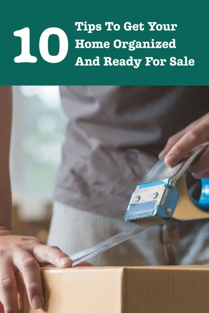 Pinterest image with the title of the article at the top with green back ground and a person taping up a moving box