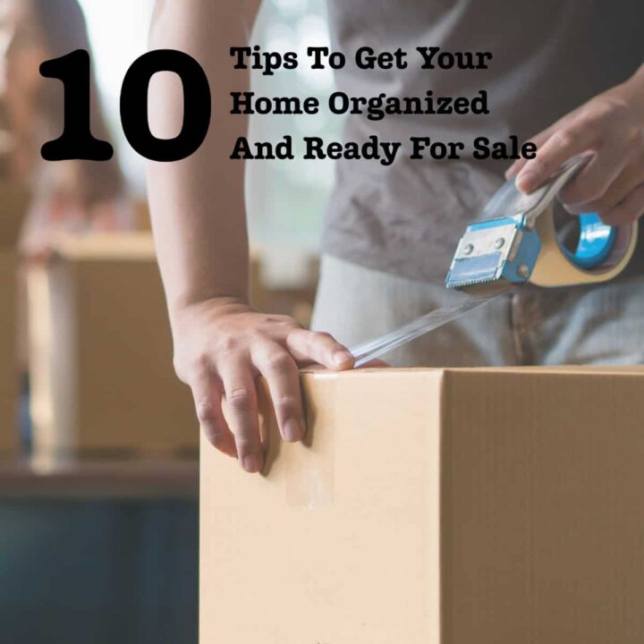 the title of the article at the top with green back ground and a person taping up a moving box - square image