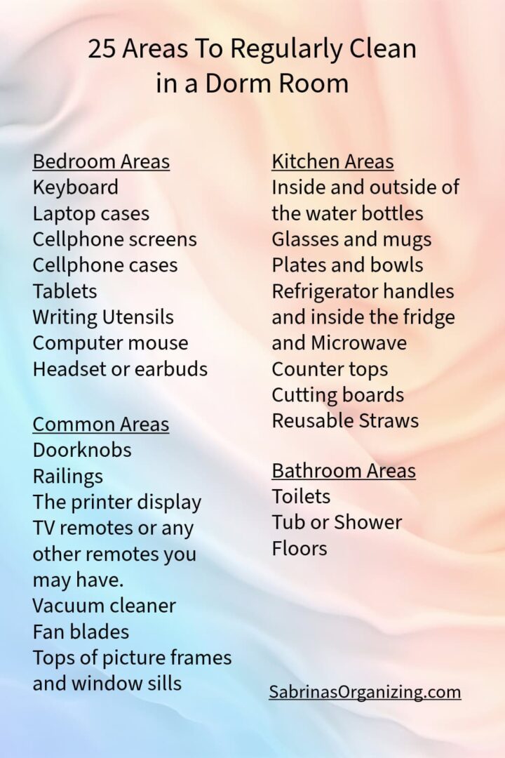 A list of all the mentions areas to clean in the post - pinterest size image with the title 25 areas to regularly clean in a dorm room at the top center of image