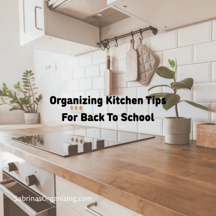 Counter and range image with tile backsplash and title in the center of square image