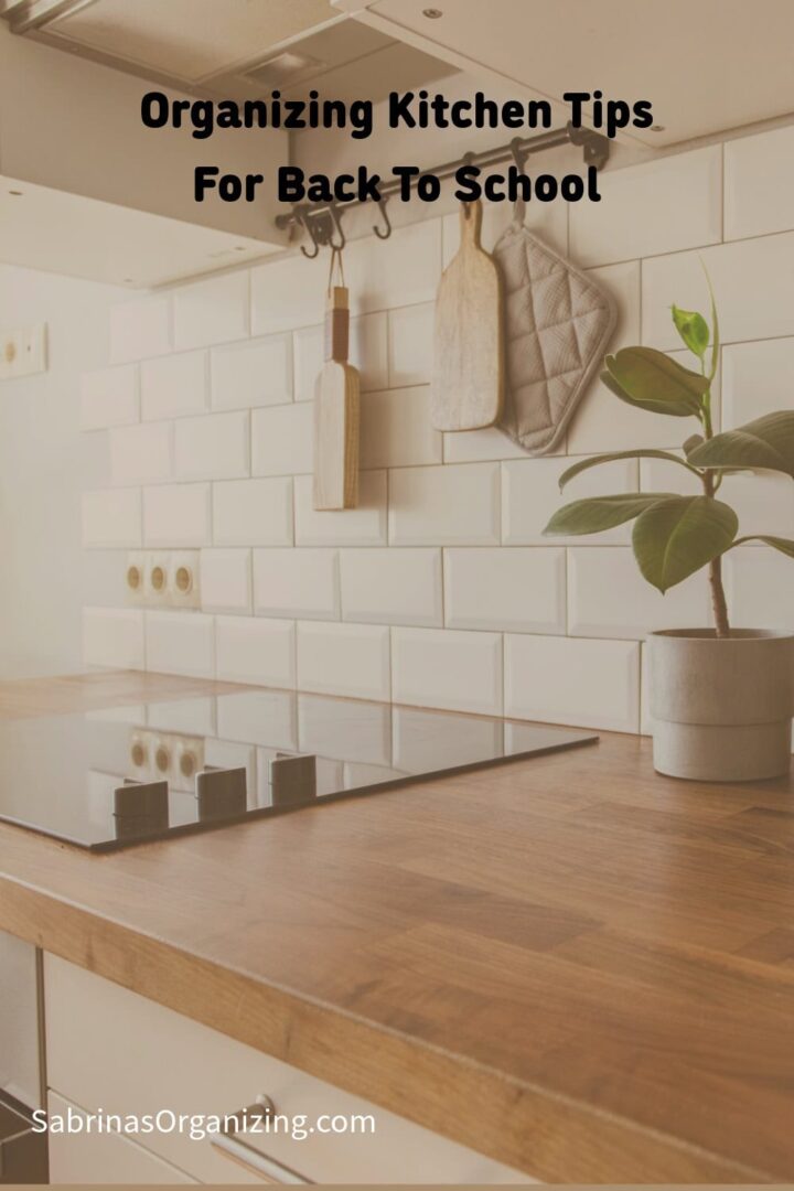 Counter and range image with tile backsplash and title in the center top of square image