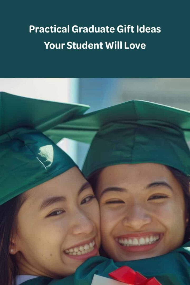 two women in green cap and gown hugging with title at the top middle -pinterest image size