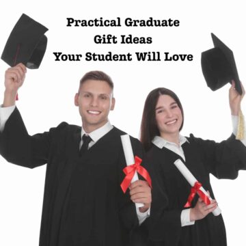 Two graduates boy and girl holding caps and title in center square image