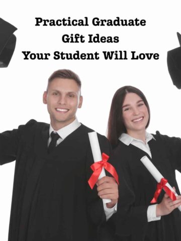 Two graduates boy and girl holding caps and title in center square image