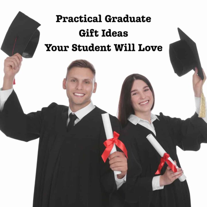 Two graduates boy and girl holding caps and title in center square image
