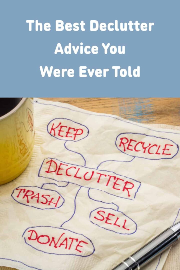 a piece of paper with declutter, donate, sell, trash, keep, recycle words on it, top of image has title of article in center - pinterest size image